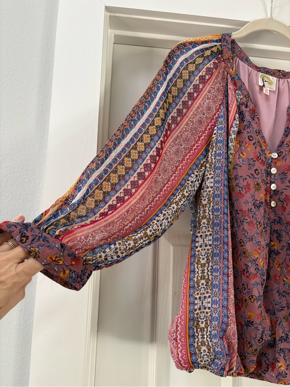 fig and flower Pink Mauve Multi-Print Boho Peasant Top - Picture 2 of 11